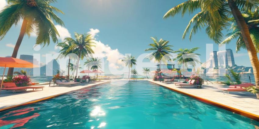 Tropical Beach Paradise with Turquoise Waters, Palm Trees, and Rocky Cliffs, Sunny Day Scene