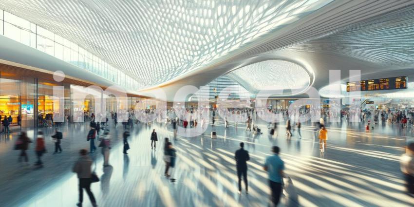 Busy Airport Terminal Bustling with Travelers and Sunlit Tarmac View Through Glass Windows