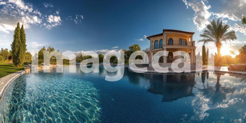 Luxury Yacht Anchored in a Bay with a Coastal Town and Mountain Backdrop, Sunny Mediterranean Scene
