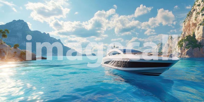 Luxury Yacht Anchored in a Bay with a Coastal Town and Mountain Backdrop, Sunny Mediterranean Scene