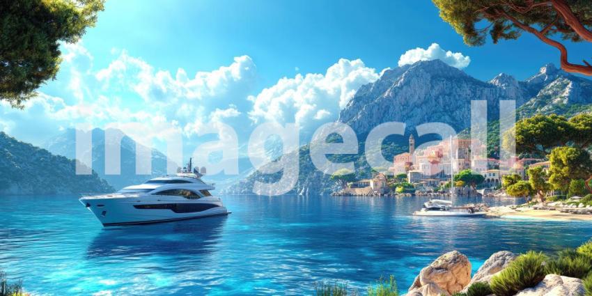 Luxury Yacht Anchored in a Bay with a Coastal Town and Mountain Backdrop, Sunny Mediterranean Scene