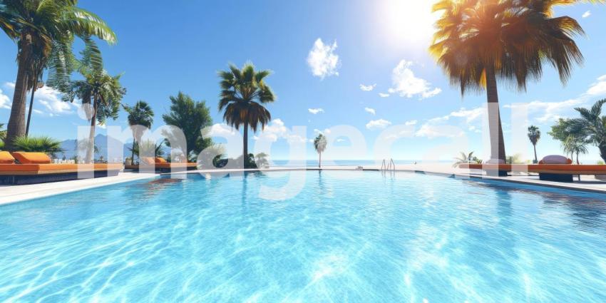 Luxury Yacht Anchored in a Bay with a Coastal Town and Mountain Backdrop, Sunny Mediterranean Scene