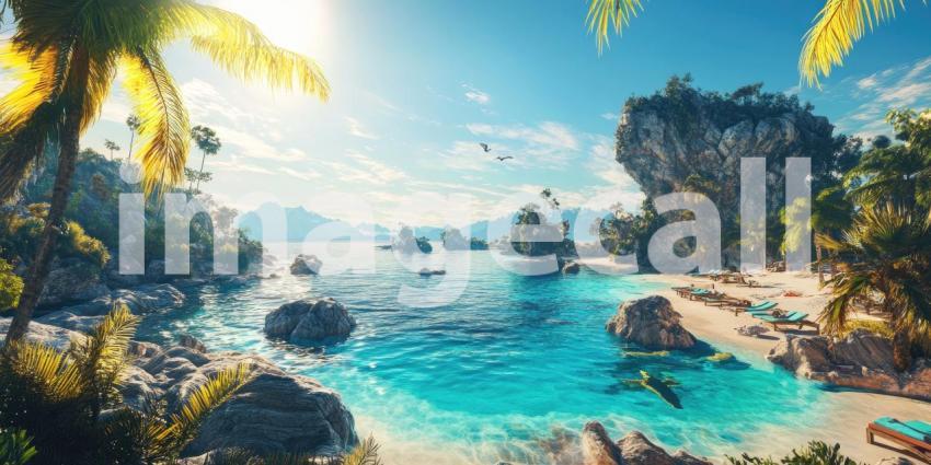 Tropical Beach Paradise with Turquoise Waters, Palm Trees, and Rocky Cliffs, Sunny Day Scene