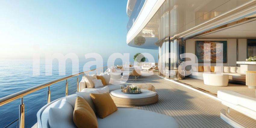 Luxury Yacht Deck with Modern Furniture and Ocean View, Sunny Day on the Water