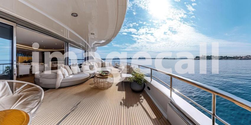 Luxury Yacht Deck with Modern Furniture and Ocean View, Sunny Day on the Water