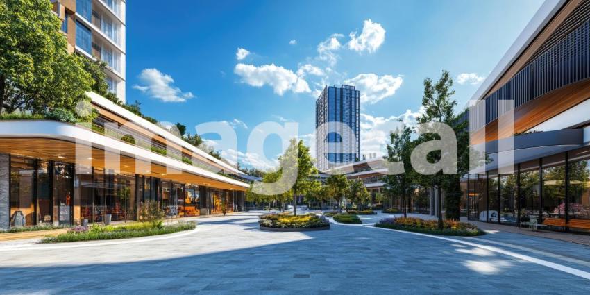 Modern Building with Curved Wooden Facades and Open Courtyard, Sunny Day with Blue Sky