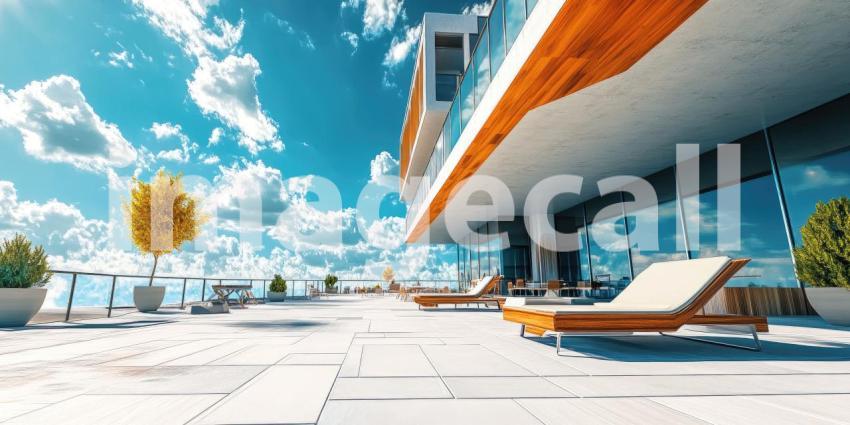 Modern Building with Curved Wooden Facades and Open Courtyard, Sunny Day with Blue Sky