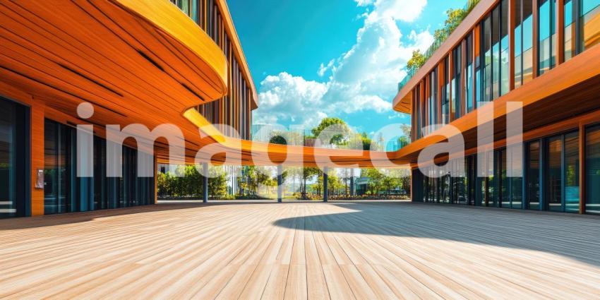 Modern Building with Curved Wooden Facades and Open Courtyard, Sunny Day with Blue Sky