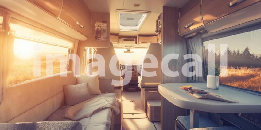 Interior of a Modern Motorhome with Plush Seating and Scenic Desert View Through Windows