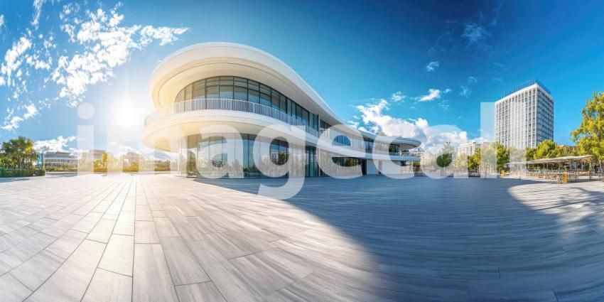 Modern Building with Curved Wooden Facades and Open Courtyard, Sunny Day with Blue Sky