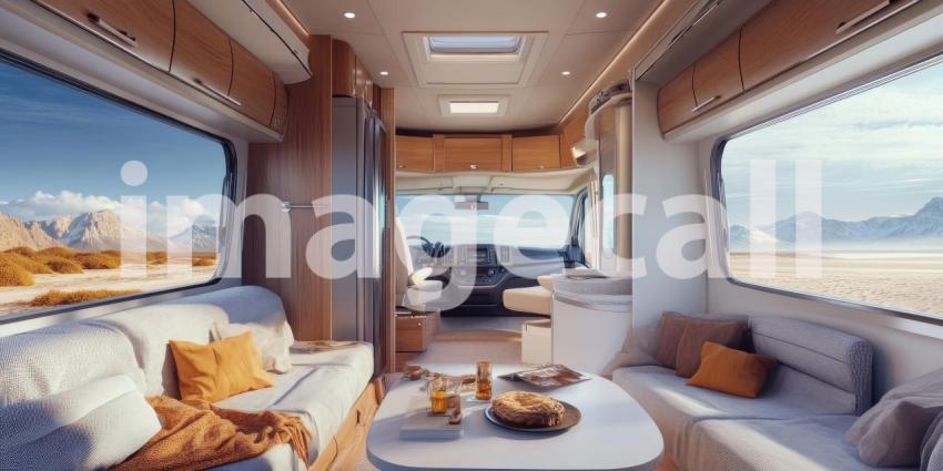 Interior of a Modern Motorhome with Plush Seating and Scenic Desert View Through Windows