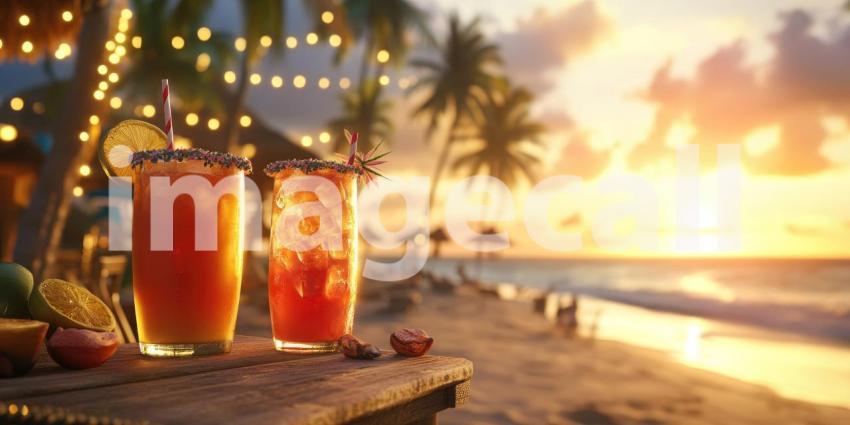 Tropical Cocktails at Sunset on a Beach with Palm Trees and Lush Vegetation