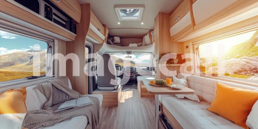 Interior of a Modern Motorhome with Plush Seating and Scenic Desert View Through Windows
