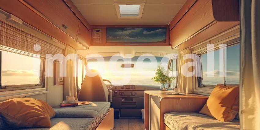Interior of a Modern Motorhome with Plush Seating and Scenic Desert View Through Windows