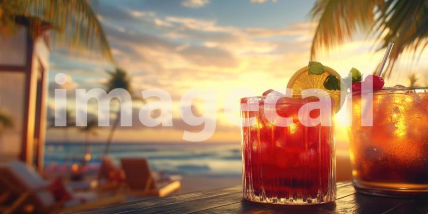Tropical Cocktails at Sunset on a Beach with Palm Trees and Lush Vegetation