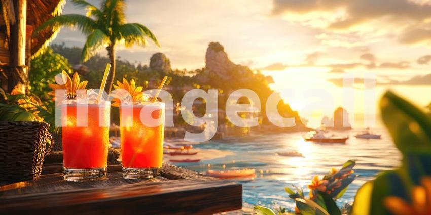 Tropical Cocktails at Sunset on a Beach with Palm Trees and Lush Vegetation