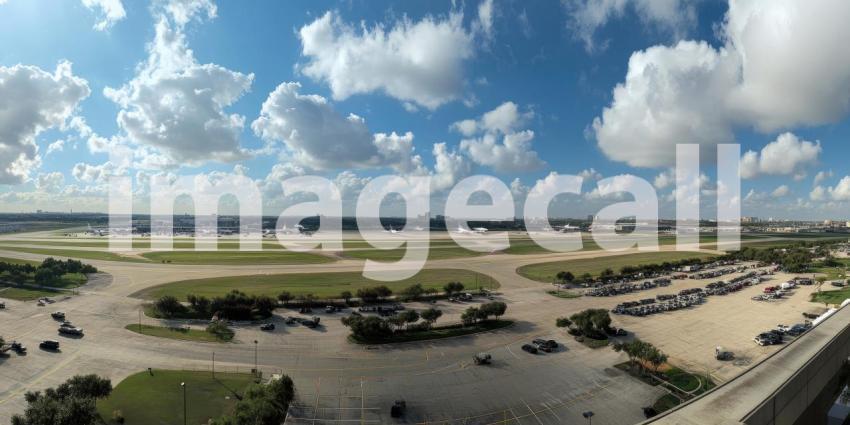 Airplane Parked at Gate with Ground Crew and Equipment, Airport Scene with City Skyline in Distance