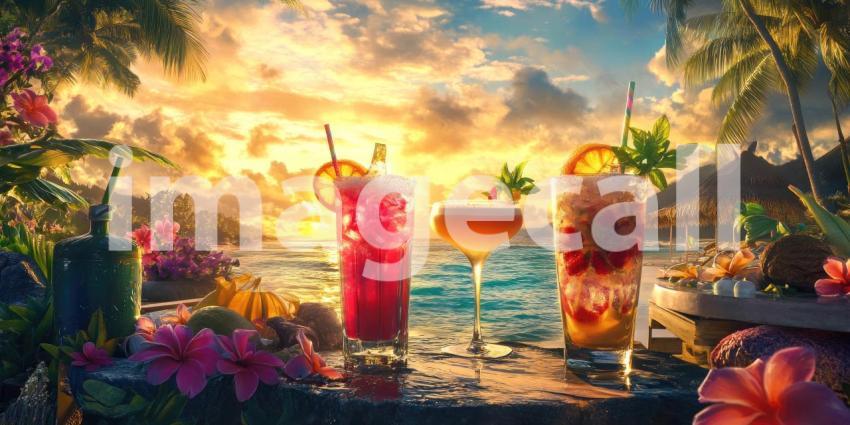 Tropical Cocktails at Sunset on a Beach with Palm Trees and Lush Vegetation