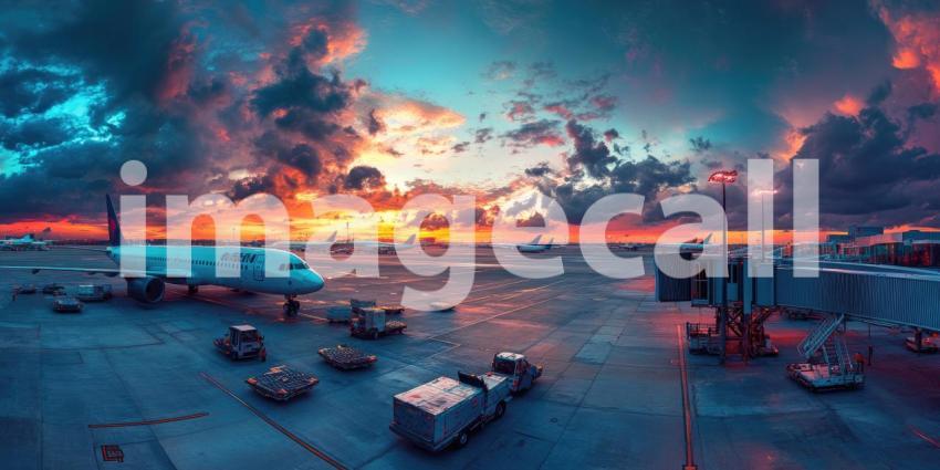 Airplane Parked at Gate with Ground Crew and Equipment, Airport Scene with City Skyline in Distance