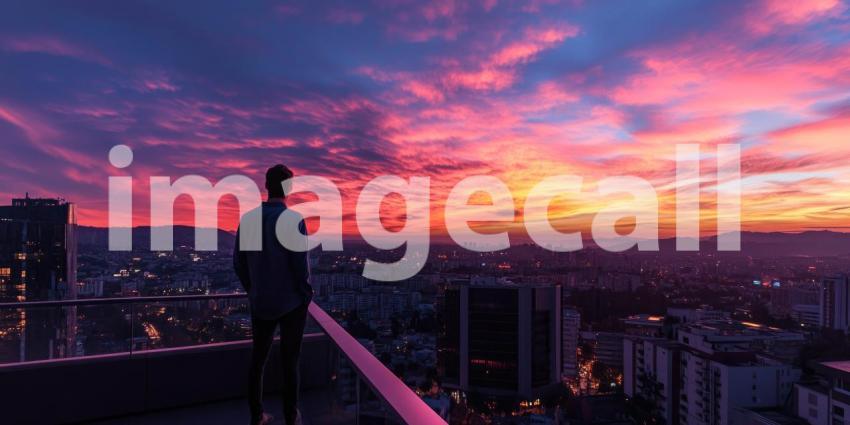 Rooftop Balcony with Cityscape View at Sunset, Modern Apartment with Purple and Orange Sky