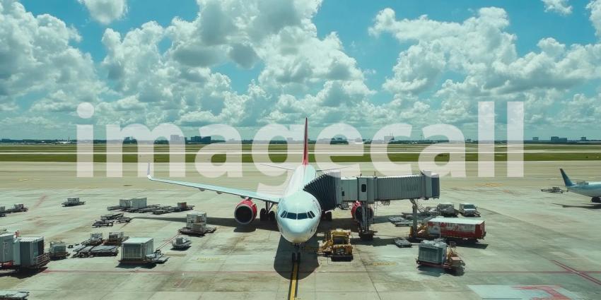 Airplane Parked at Gate with Ground Crew and Equipment, Airport Scene with City Skyline in Distance