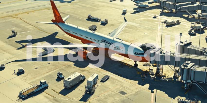 Airplane Parked at Gate with Ground Crew and Equipment, Airport Scene with City Skyline in Distance