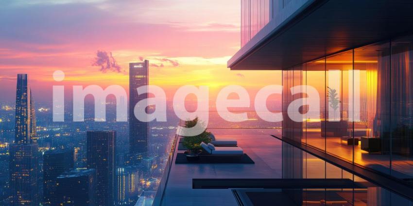 New York City Skyline at Sunset from a High-Rise Apartment with Floor-to-Ceiling Windows