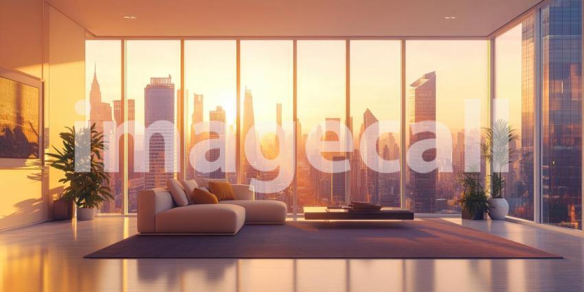 New York City Skyline at Sunset from a High-Rise Apartment with Floor-to-Ceiling Windows