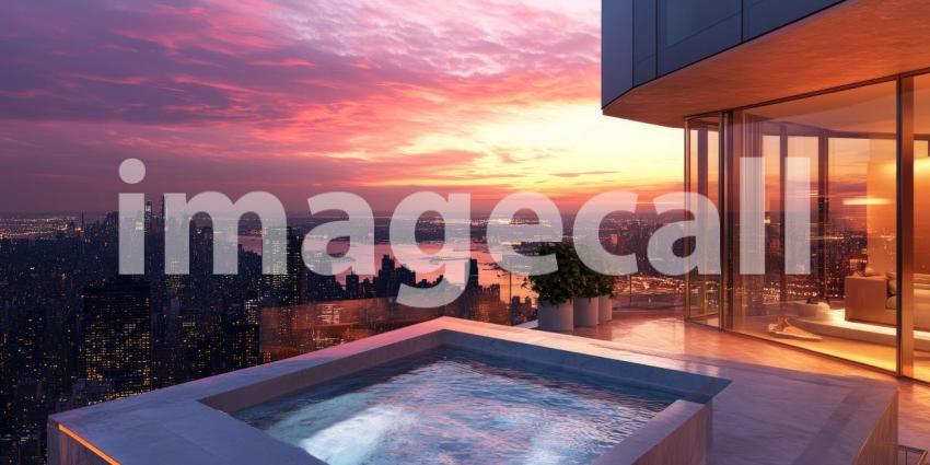 Rooftop Balcony with Cityscape View at Sunset, Modern Apartment with Purple and Orange Sky