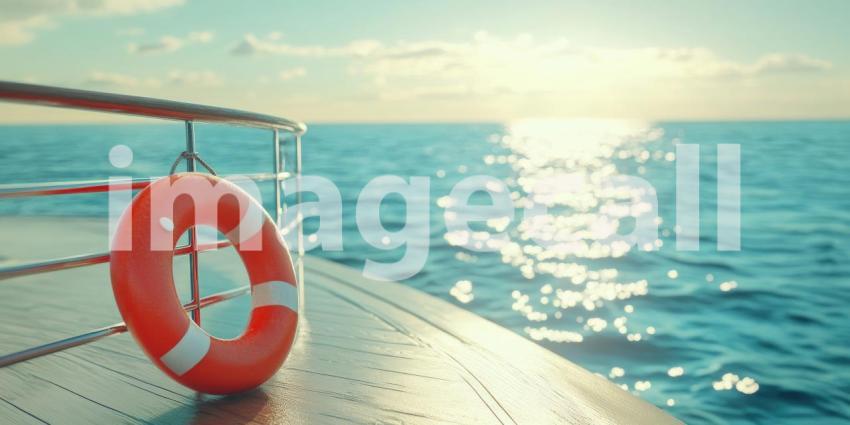 Lifebuoy on a Yacht Railing with Ocean View at Sunset