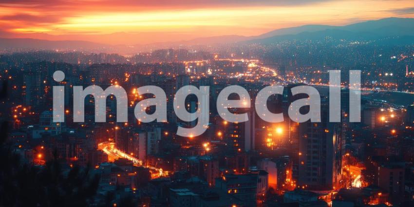 Luxury Apartment with Curved Windows Overlooking a Cityscape at Sunset, Modern Interior Design