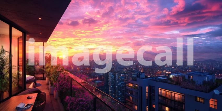 Rooftop Balcony with Cityscape View at Sunset, Modern Apartment with Purple and Orange Sky