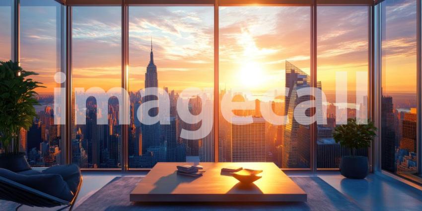 New York City Skyline at Sunset from a High-Rise Apartment with Floor-to-Ceiling Windows