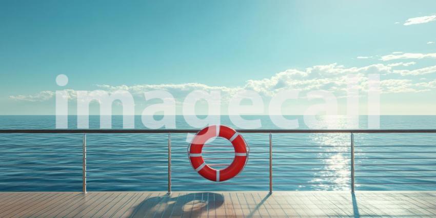 Lifebuoy on a Yacht Railing with Ocean View at Sunset