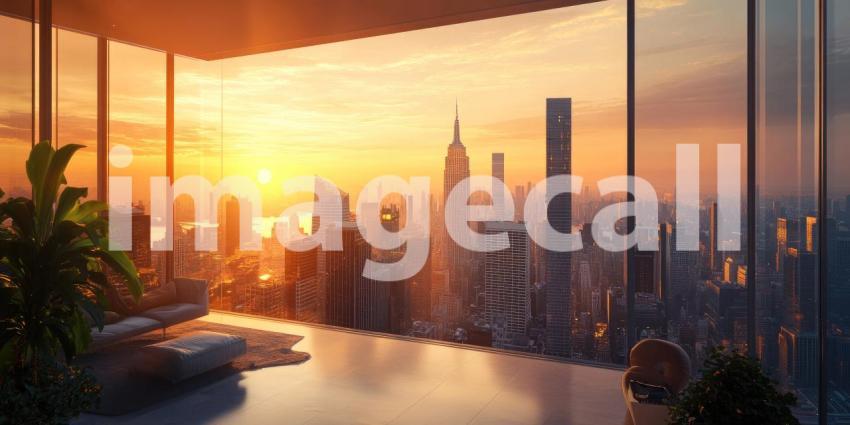 New York City Skyline at Sunset from a High-Rise Apartment with Floor-to-Ceiling Windows