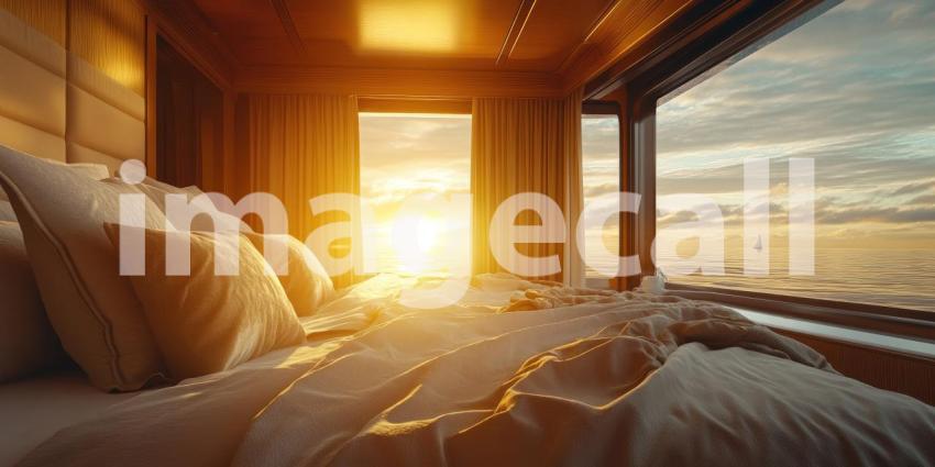 Yacht Bedroom with Sunlit Window, Rich Wood Paneling, and Luxurious Bedding