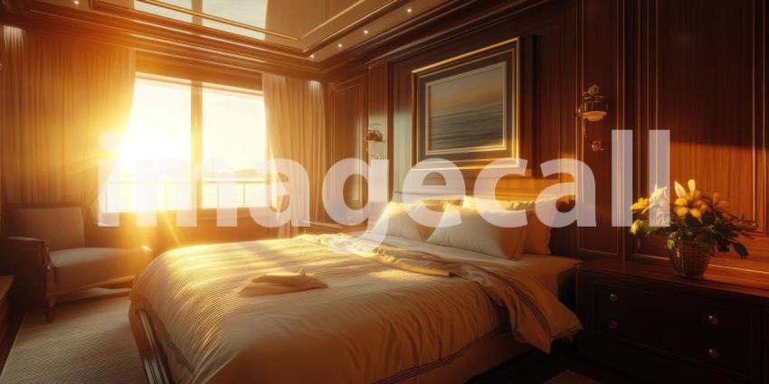 Yacht Bedroom with Sunlit Window, Rich Wood Paneling, and Luxurious Bedding