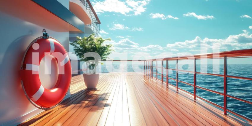 Lifebuoy on a Yacht Railing with Ocean View at Sunset