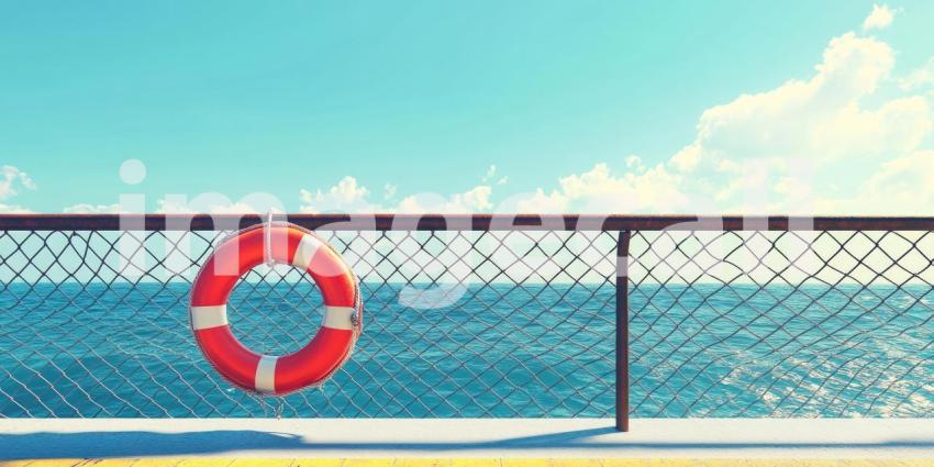 Lifebuoy on a Yacht Railing with Ocean View at Sunset