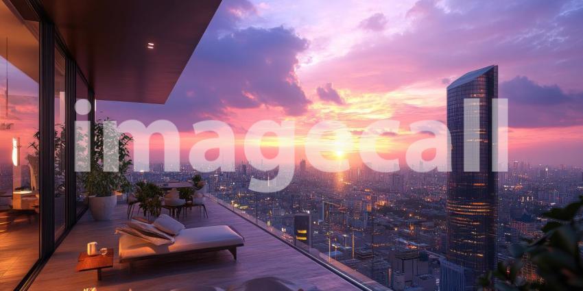 Rooftop Balcony with Cityscape View at Sunset, Modern Apartment with Purple and Orange Sky