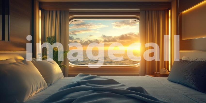 Yacht Bedroom with Sunlit Window, Rich Wood Paneling, and Luxurious Bedding