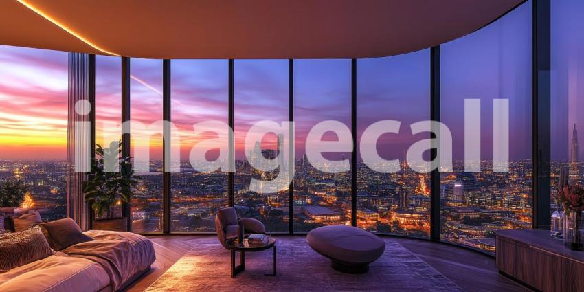 Luxury Apartment with Curved Windows Overlooking a Cityscape at Sunset, Modern Interior Design
