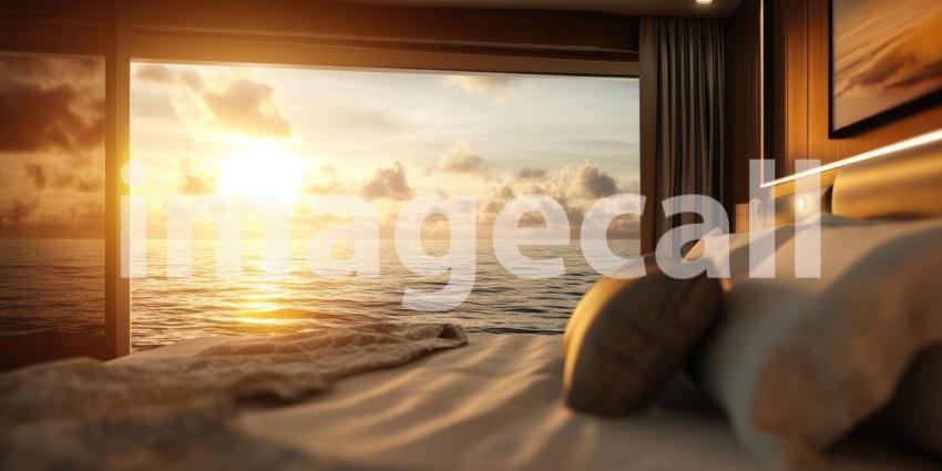 Yacht Bedroom with Sunlit Window, Rich Wood Paneling, and Luxurious Bedding