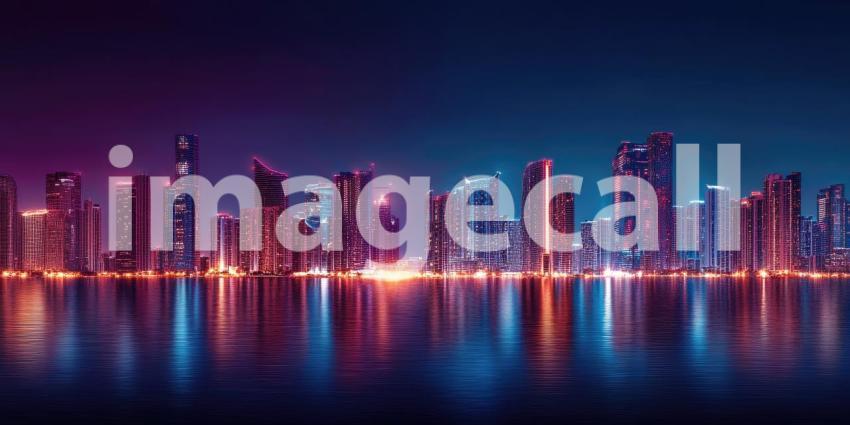 City Skyline at Night with Reflections on Water, Illuminated Buildings and Neon Glow