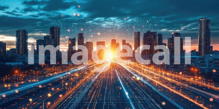 Cityscape with Light Trails and Futuristic Glow