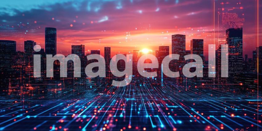 City Skyline at Night with Reflections on Water, Illuminated Buildings and Neon Glow