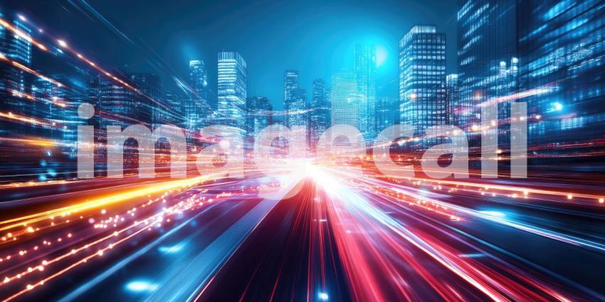 Cityscape with Light Trails and Futuristic Glow