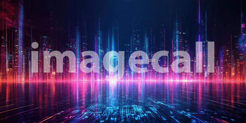 City Skyline at Night with Reflections on Water, Illuminated Buildings and Neon Glow