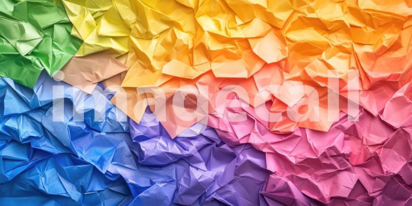 Rainbow Colored Origami Paper: A close-up of folded origami paper in a gradient of rainbow colors, creating a textured pattern.