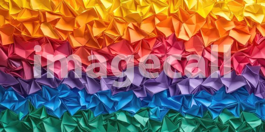 Rainbow Colored Origami Paper: A close-up of folded origami paper in a gradient of rainbow colors, creating a textured pattern.